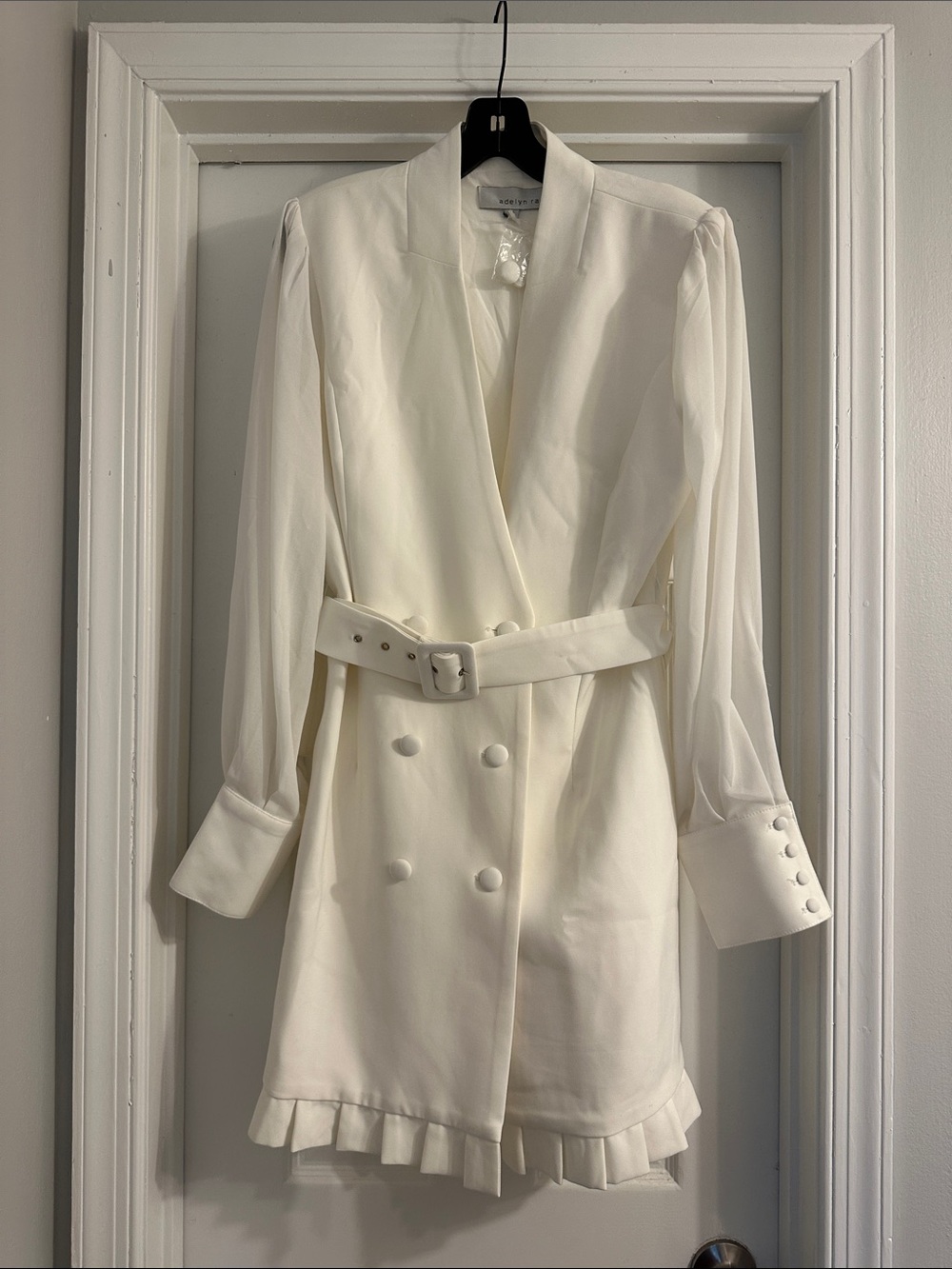 Adelyn Rae - White Double-Breasted Belted Blazer Dress w/ Sheer Bell Sleeves - M